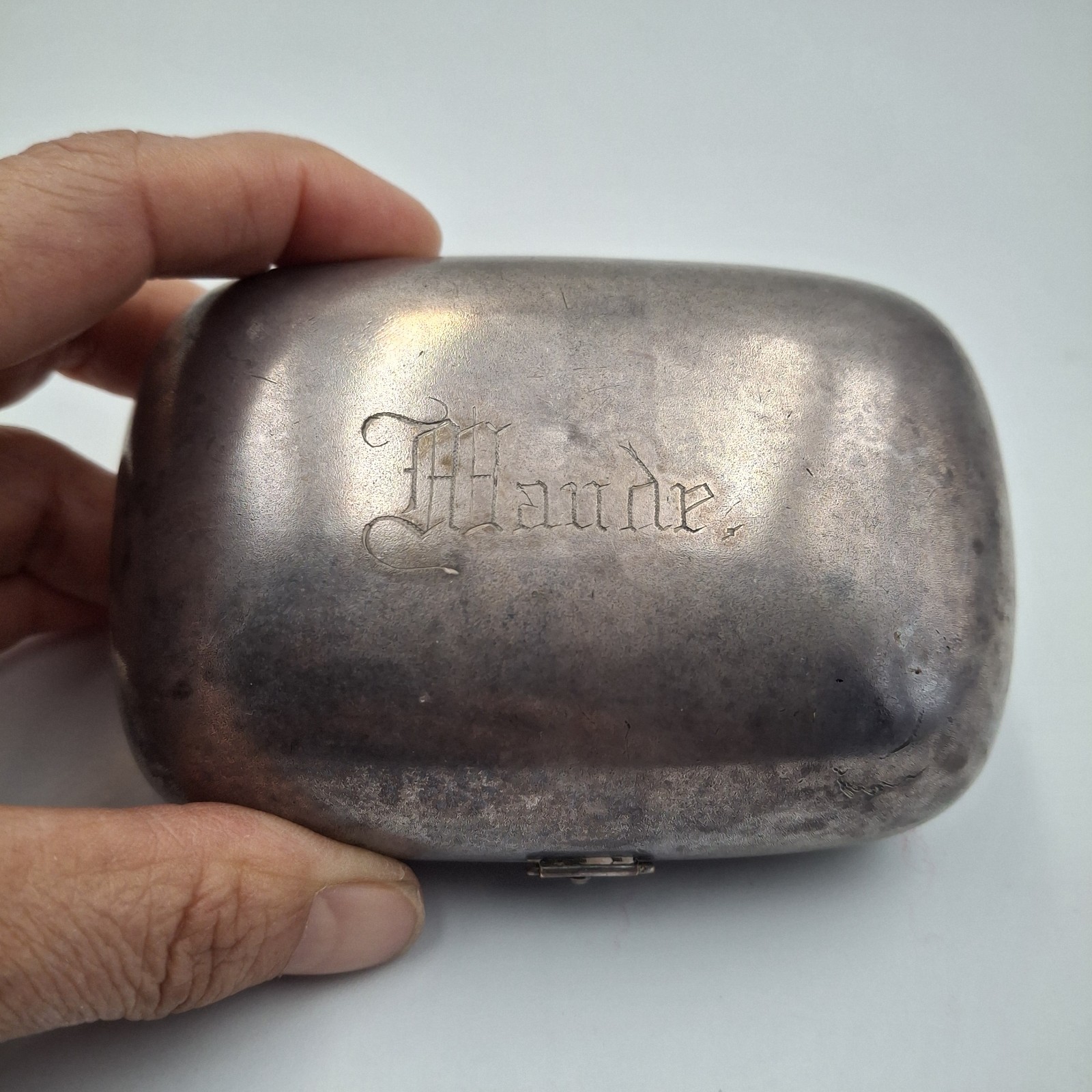 ​Antique Silver-Plate Trinket Box Engraved "Maude" Victorian Keepsake Snuff Box