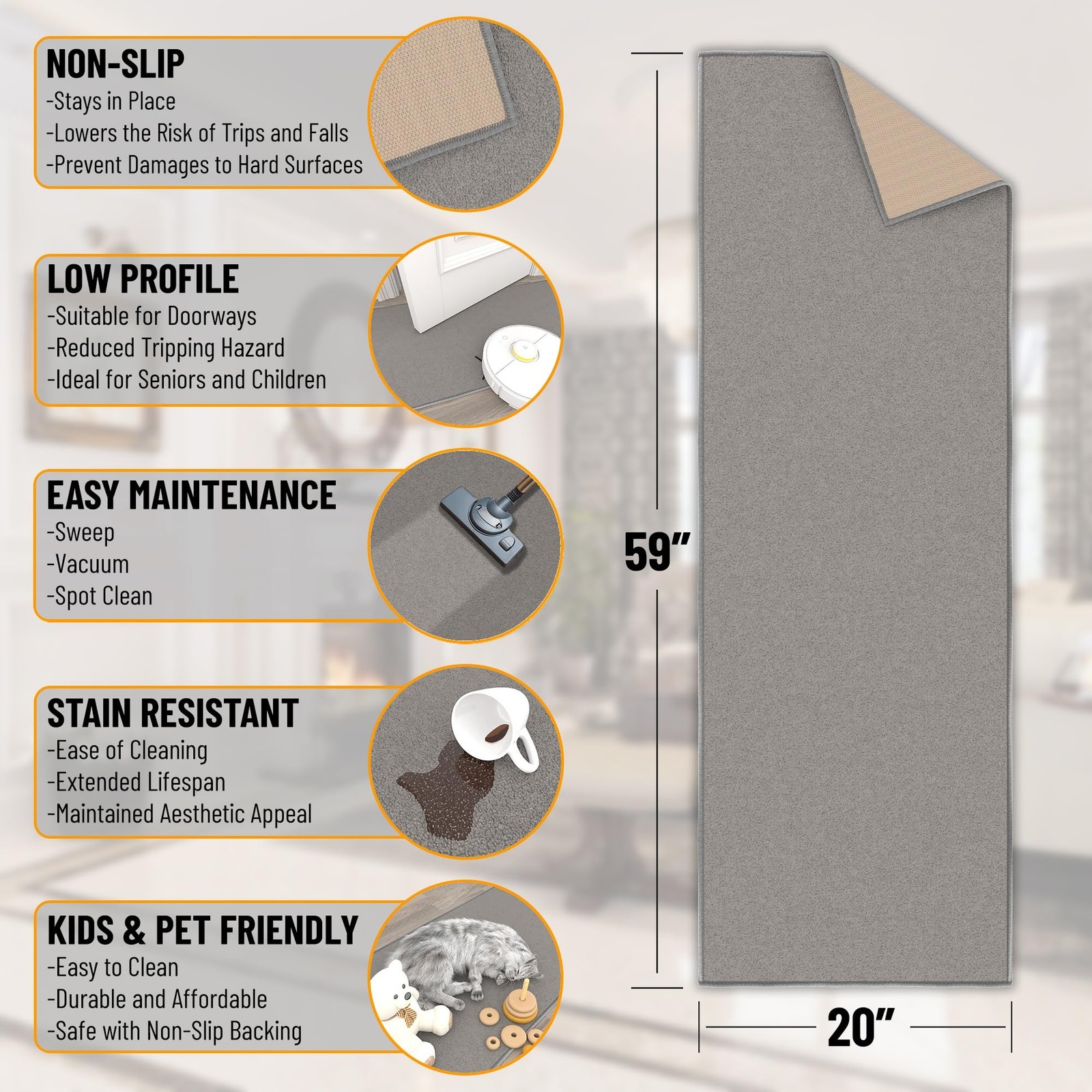 Ottomanson Hallway Runner Rug 20" x 59" Non Slip Solid Area Rugs Easy to Clea...