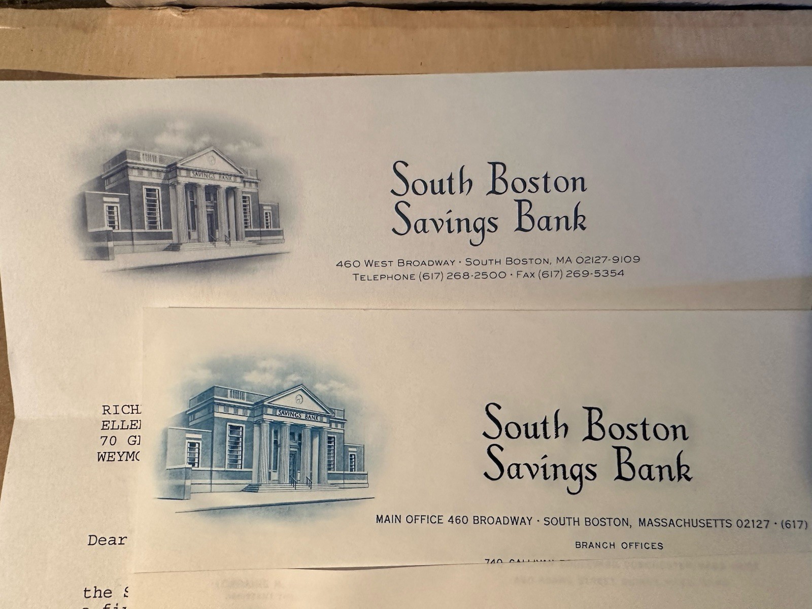 4 Vintage South Boston Savings Bank MA. Blue Engraving Letterheads Letters