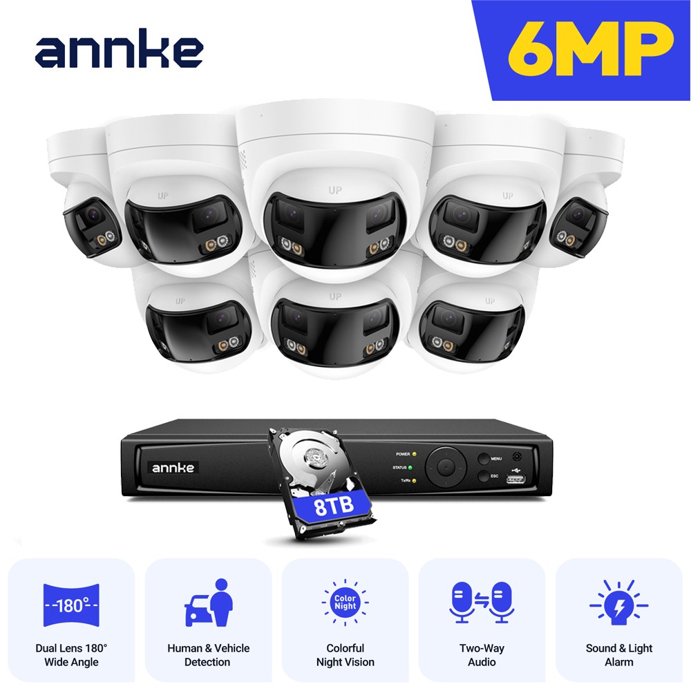 ANNKE 8CH NVR 6MP Dual Lens 180° POE Security Camera System 2 Way Audio Color AI