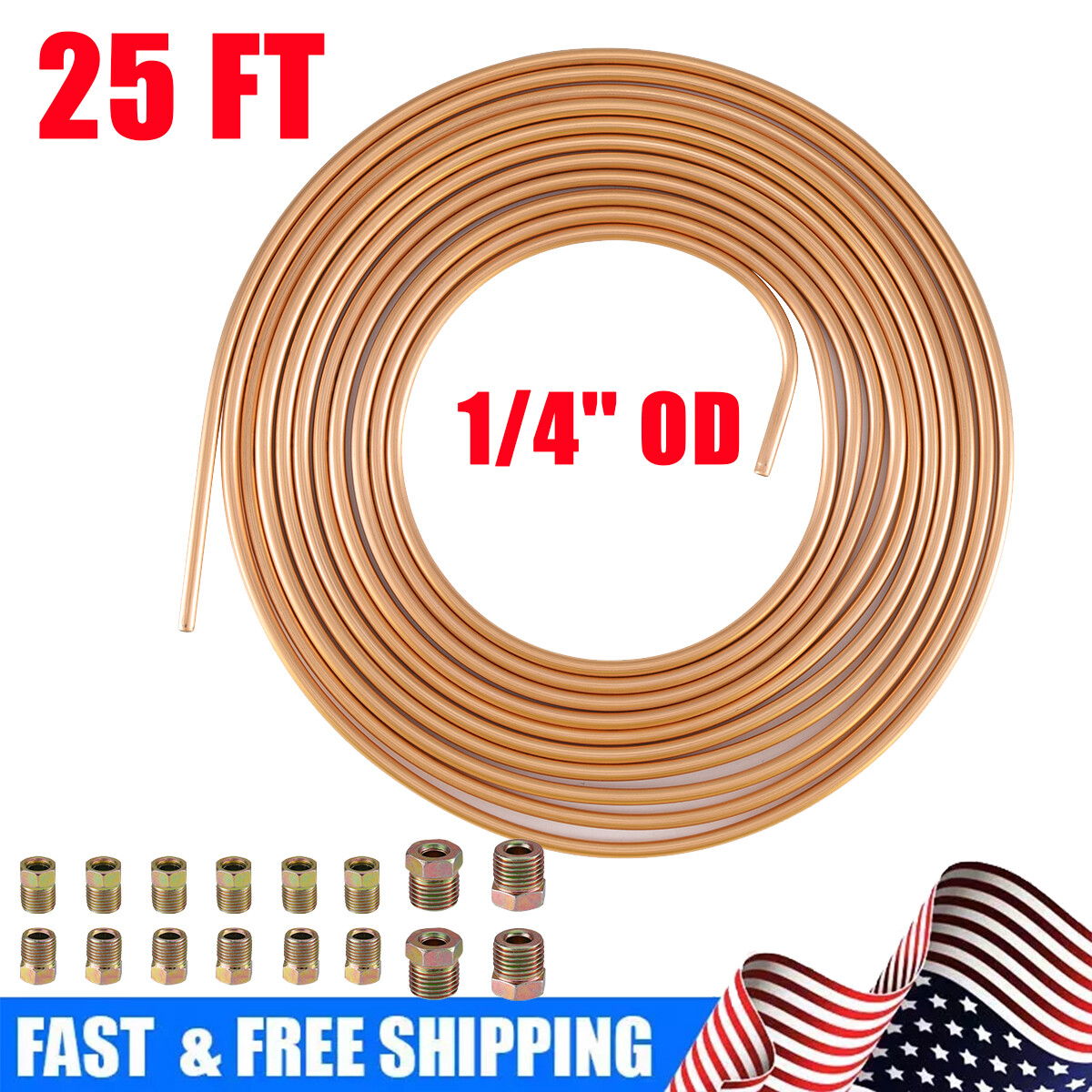 Brake Line Tubing Kit Copper Nickel 25 Ft Coil Roll 1/4'' OD with 16 Fittings