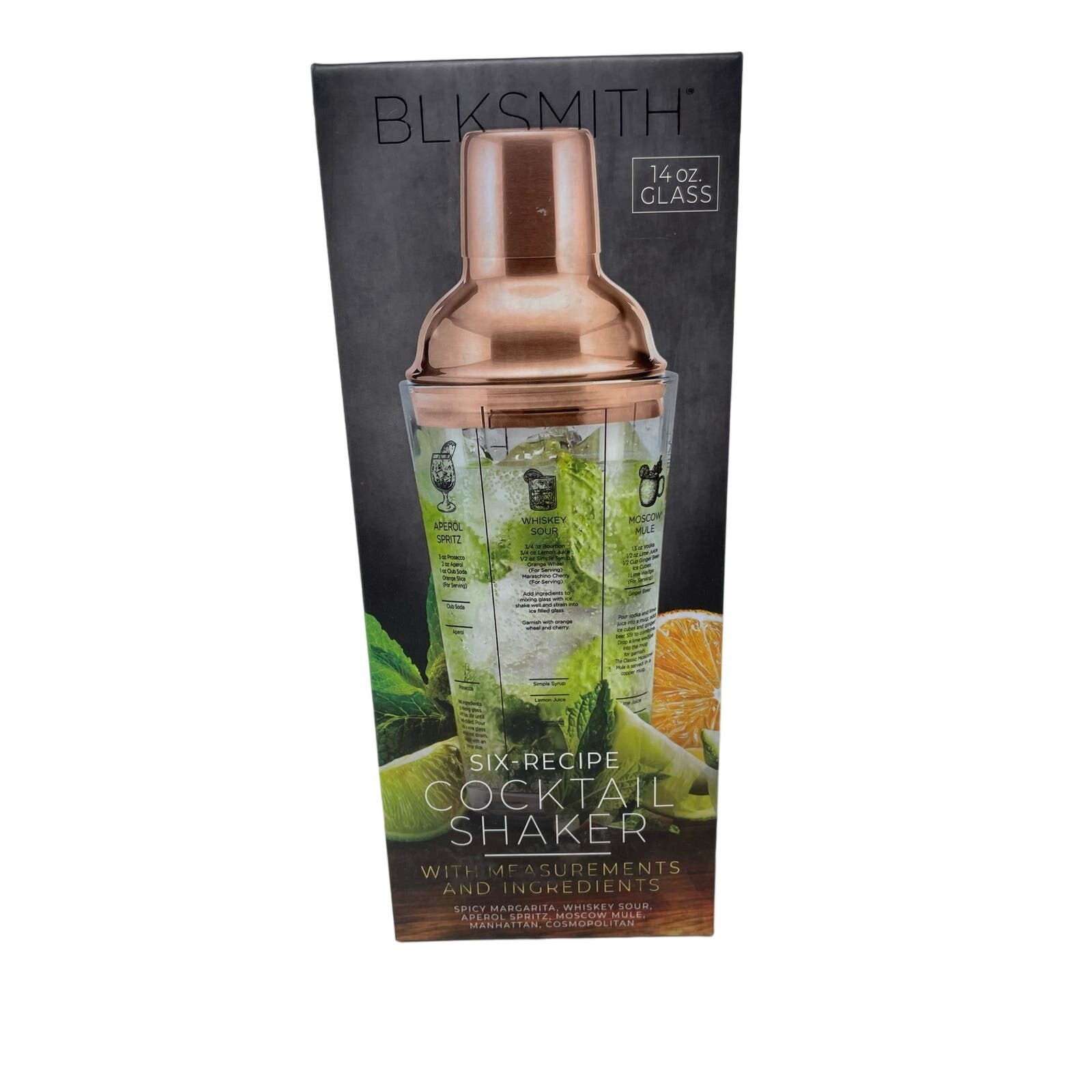 BLKSMITH 14 oz Glass 6-Recipe Cocktail Shaker w/ Measurements & Ingredients New