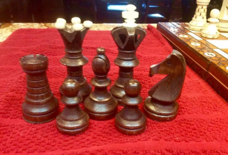 Large Handmade Wooden Chess Set 21" Hand Carved Board Pieces Full Vintage Game