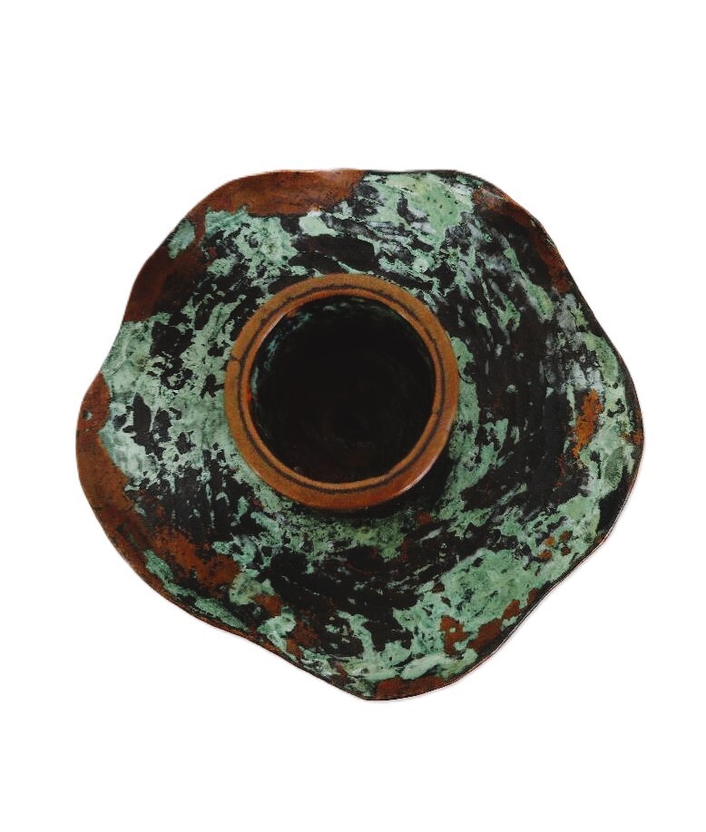 1960’s Peru Copper 7" Candle Holder Pair Inlaid Silver Incan Motif Deities Llama