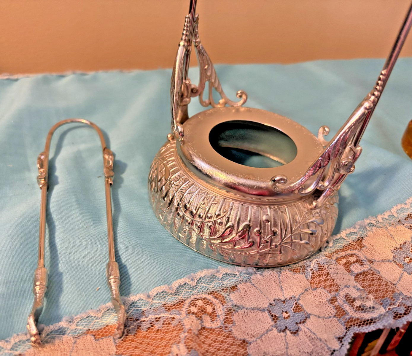 Antique Amber Glass Silver Plate Floral & Vines Pickle Castor with Tongs Signed