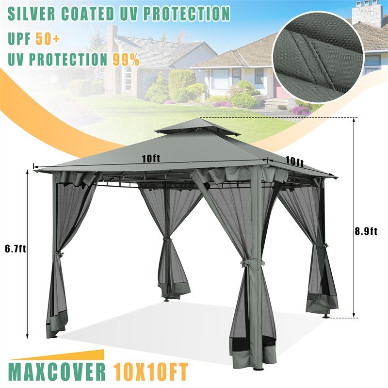 10x10 Patio Gazebo with Mosquito Netting Heavy Duty BBQ Canopy Tent Double Roof
