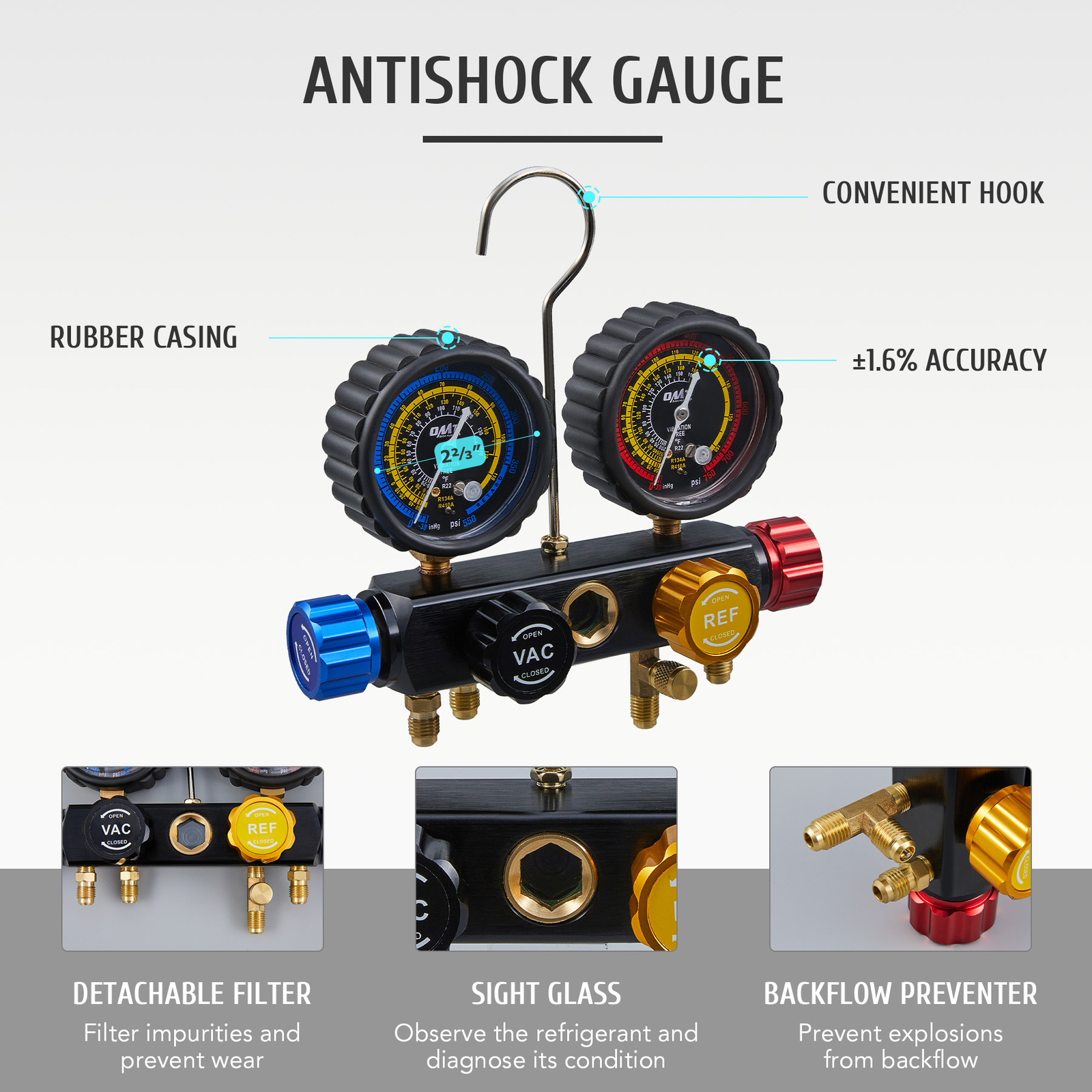 OMT AC Manifold Gauge Set for R410a R22 R134a 4 Valve Automotive AC Gauge Set