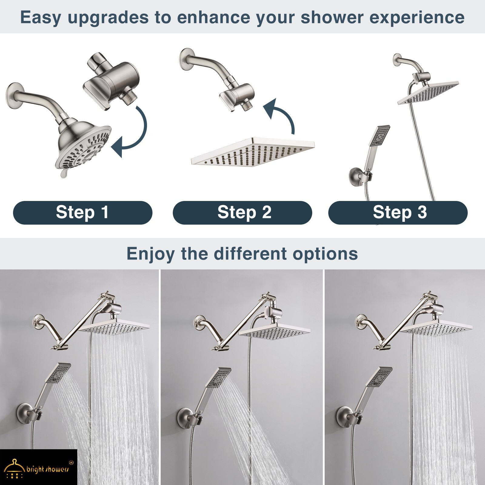 BRIGHT SHOWERS Rain Shower Head with Handheld Combination Set PSS1807-02