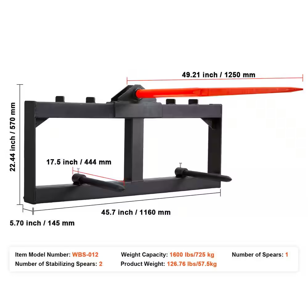 49 In. Hay Spear 1600 Lb. Capacity Skid Steer Loader Attachment with 2-Piece 17.