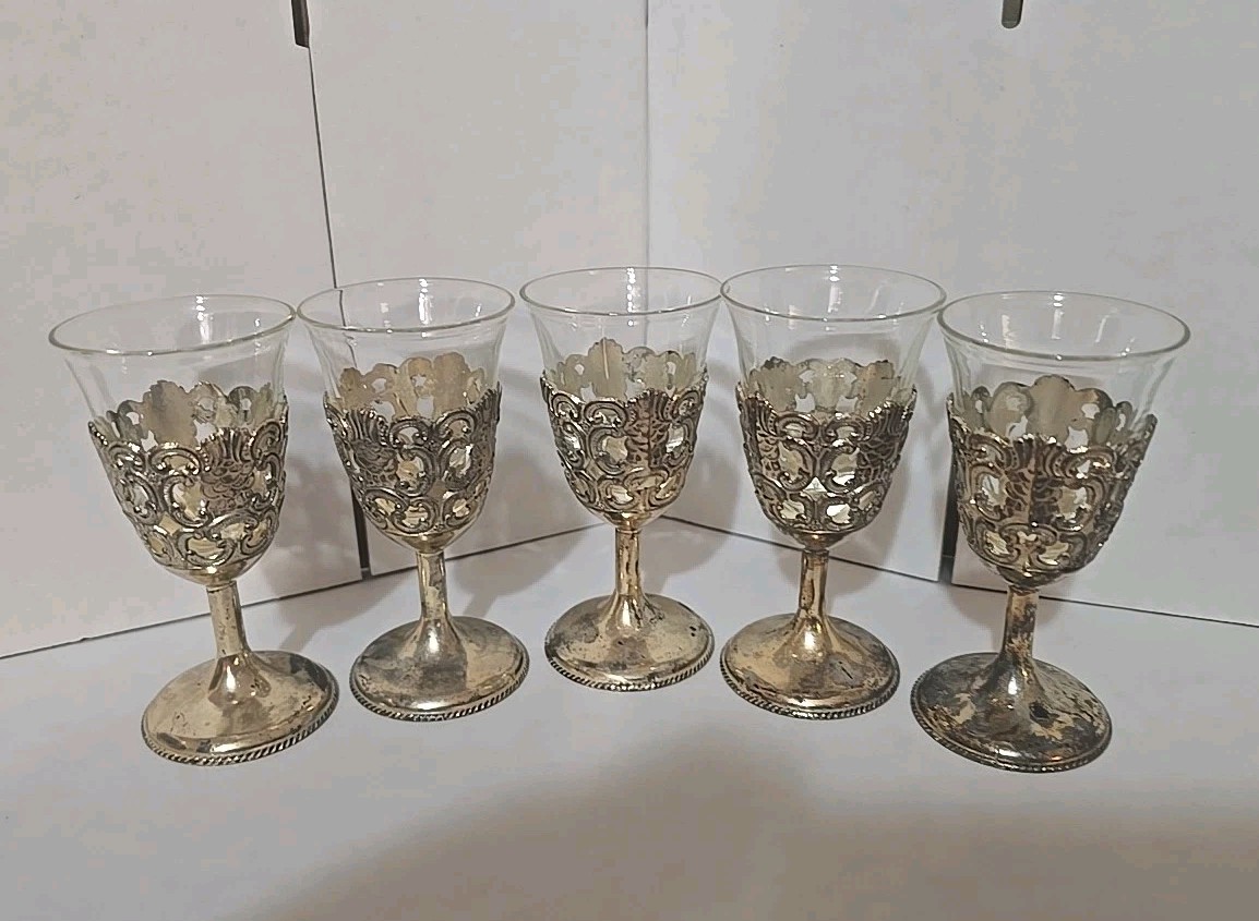 Vintage Set Of 5 Silver plated Goblet Wine Shot/Dinner Glasses.