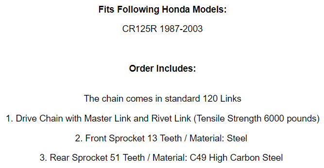 Drive Chain & Sprockets Kit for Honda CR125R 1987-2003