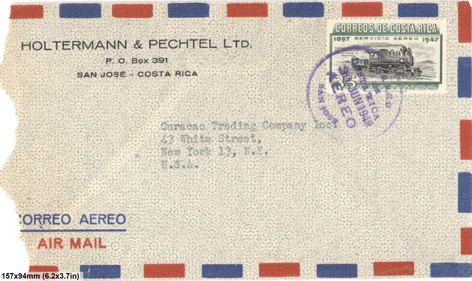 1949 Costa Rica Airmail Cover San Jose To USA Train Stamp 35c