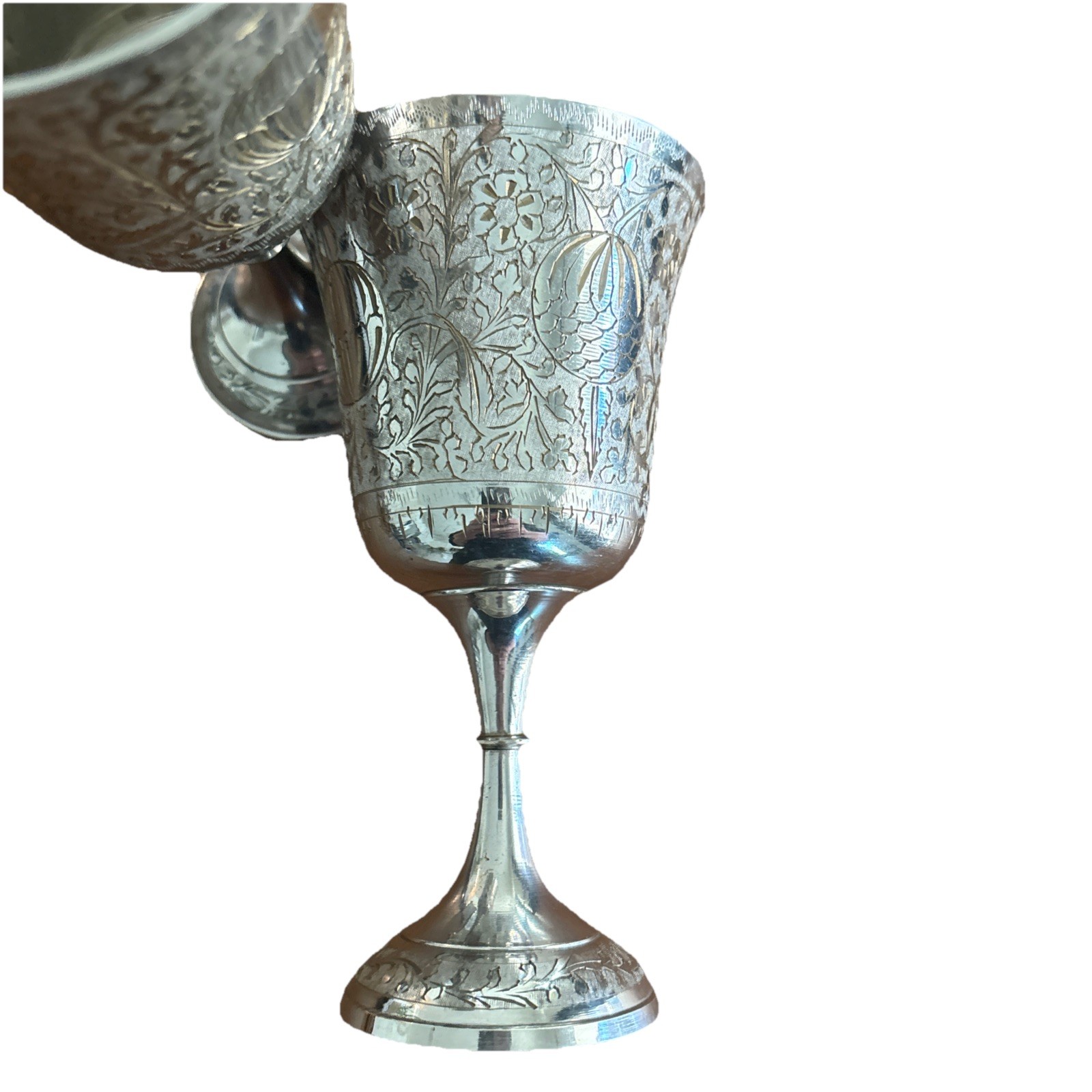 Vtg Chalice Goblet Silver Plate Brass Etched World Gift Z.Y.India 6” SET OF 2