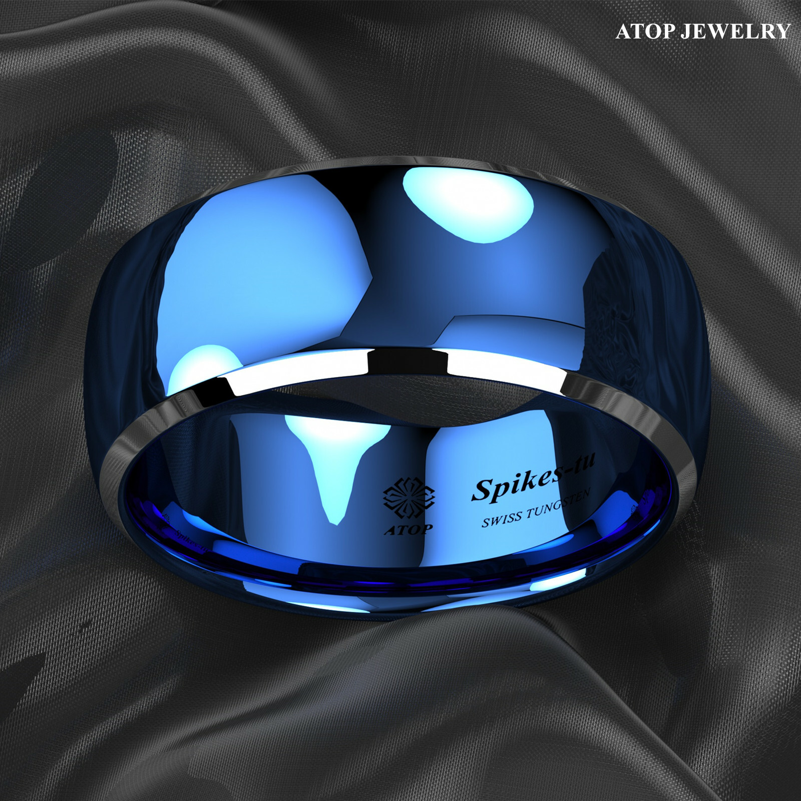 8mm ATOP Dome Blue Silver Edges Tungsten Ring for Men Comfort Fit Wedding Ring