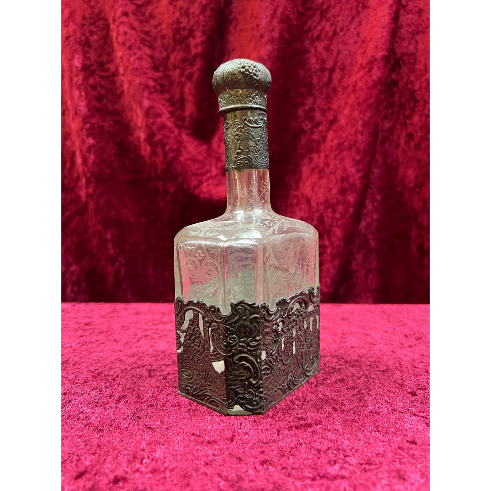 Antique Barware 18th Century Etched Glass Decanter Silver Repousse Germany