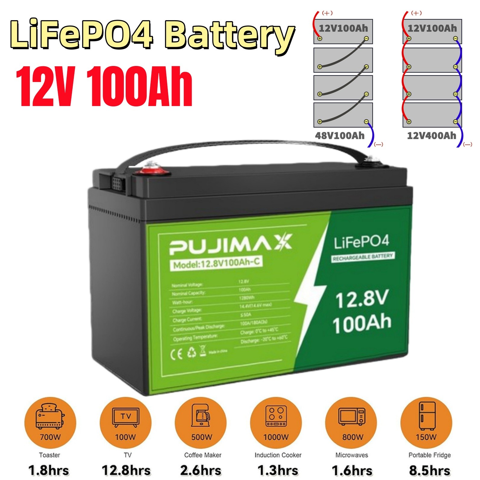12V 100Ah LiFePO4 100Ah Lithium Battery BMS Cycle Deep for Solar Trolling Motor