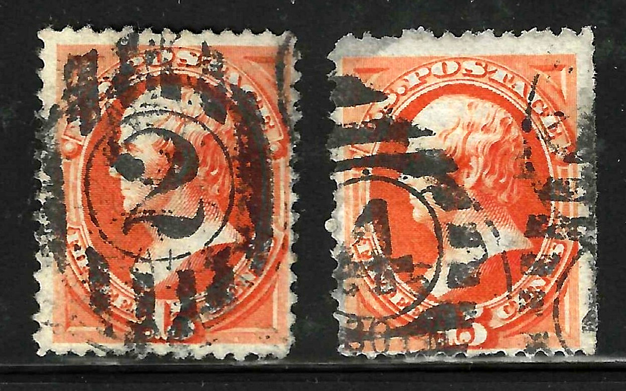 Sc #152 & 189 Numbers 2 & 4 Fancy Cancel  15 Cent Hamilton Banknote US 87A43