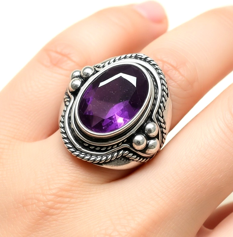 African Amethyst Gemstone 925 Sterling Silver Ethnic Handmade Jewelry Ring Size