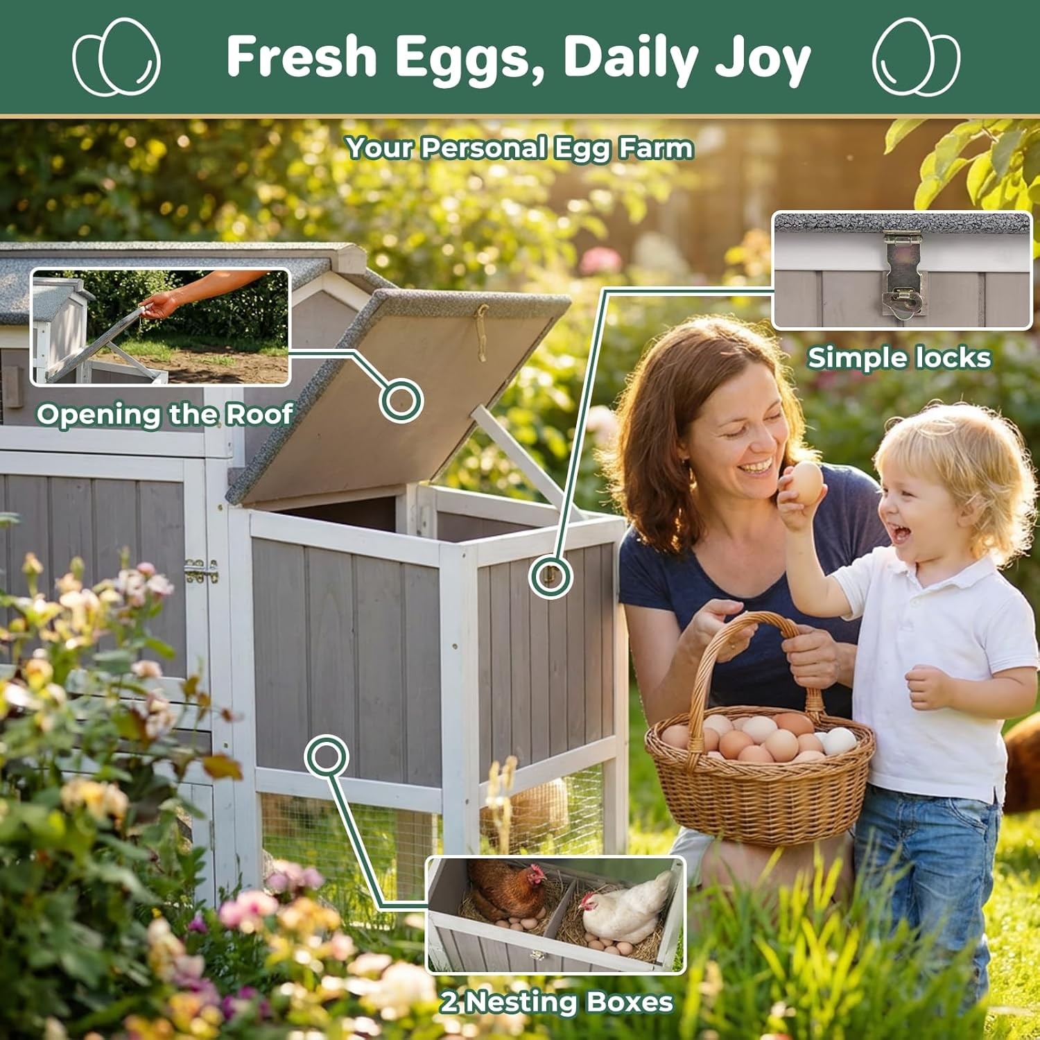 PETSCOSSET Outdoor Chicken Coop, Large Chicken House with Nesting Box, Gray