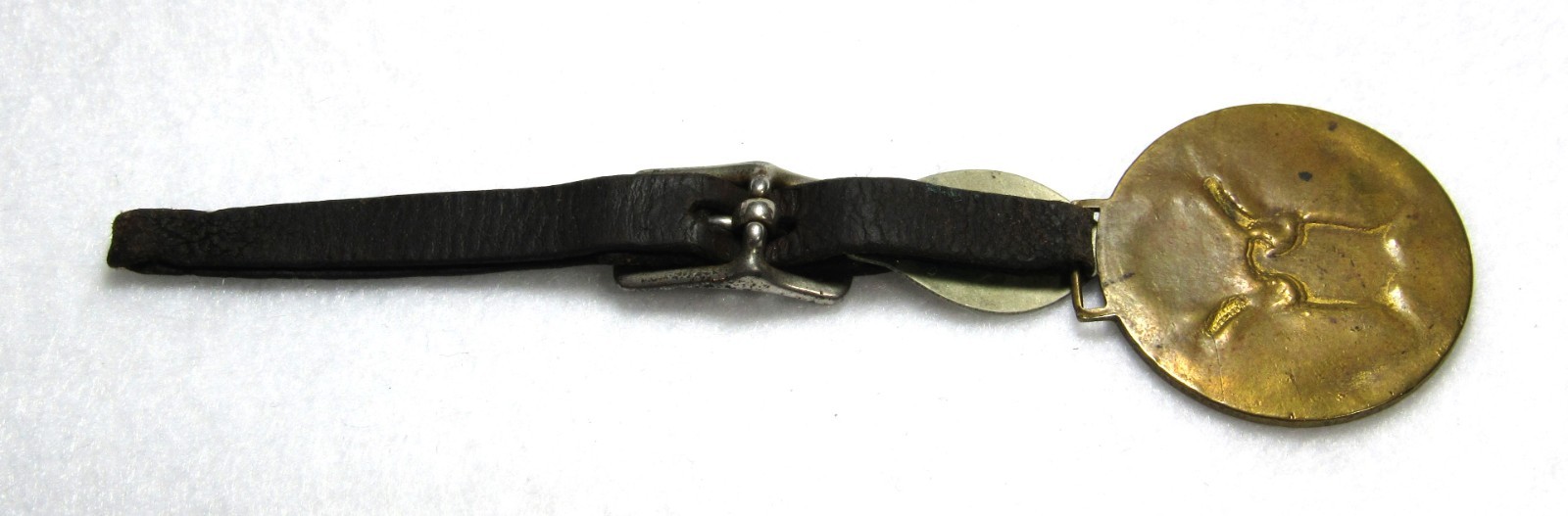 WWI US ARMY BRASS EAGLE WATCH FOB W/ LEATHER STRAP