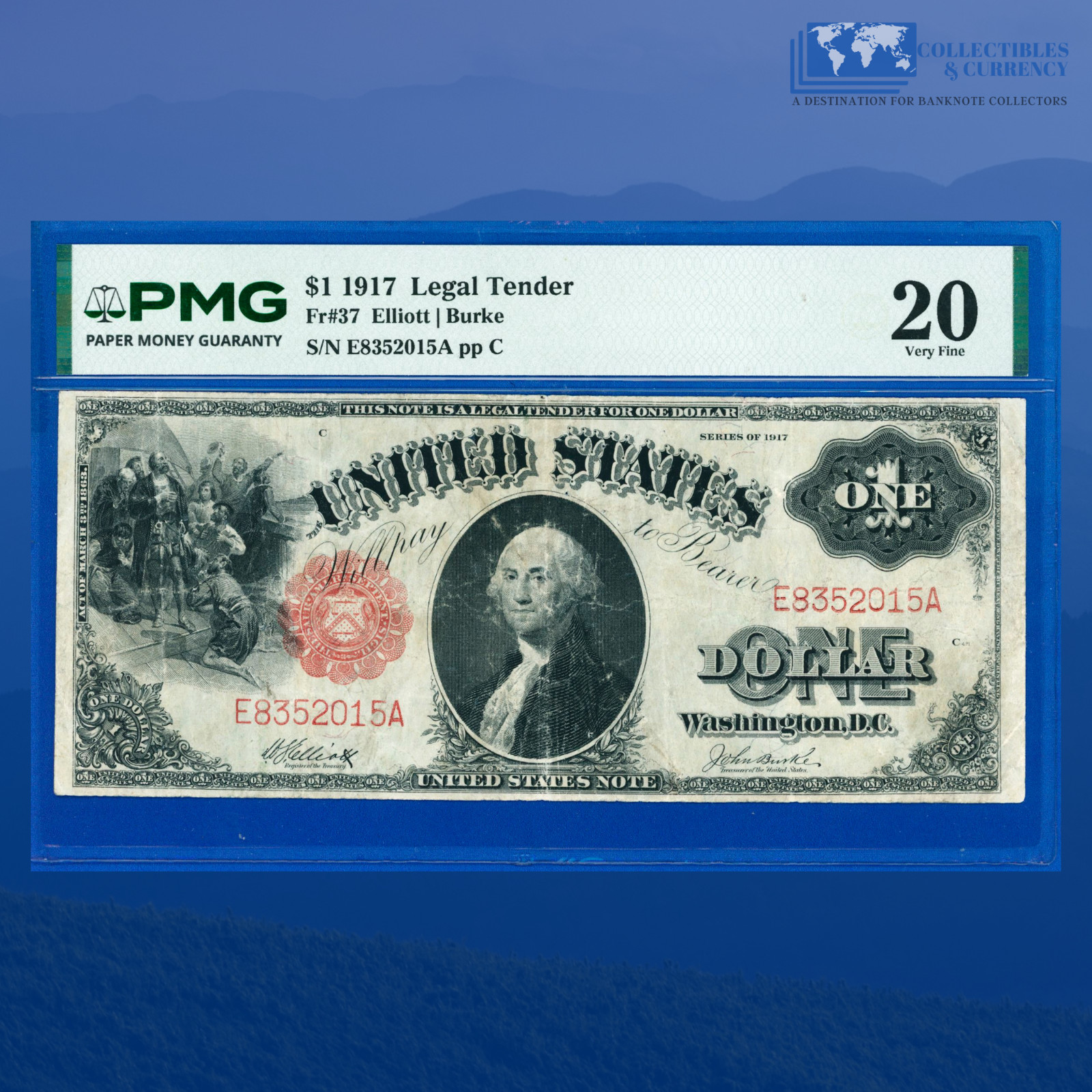 Fr.37 1917 $1 One Dollar "SAWHORSE REVERSE" Legal Tender Note, PMG VF 20 #52015