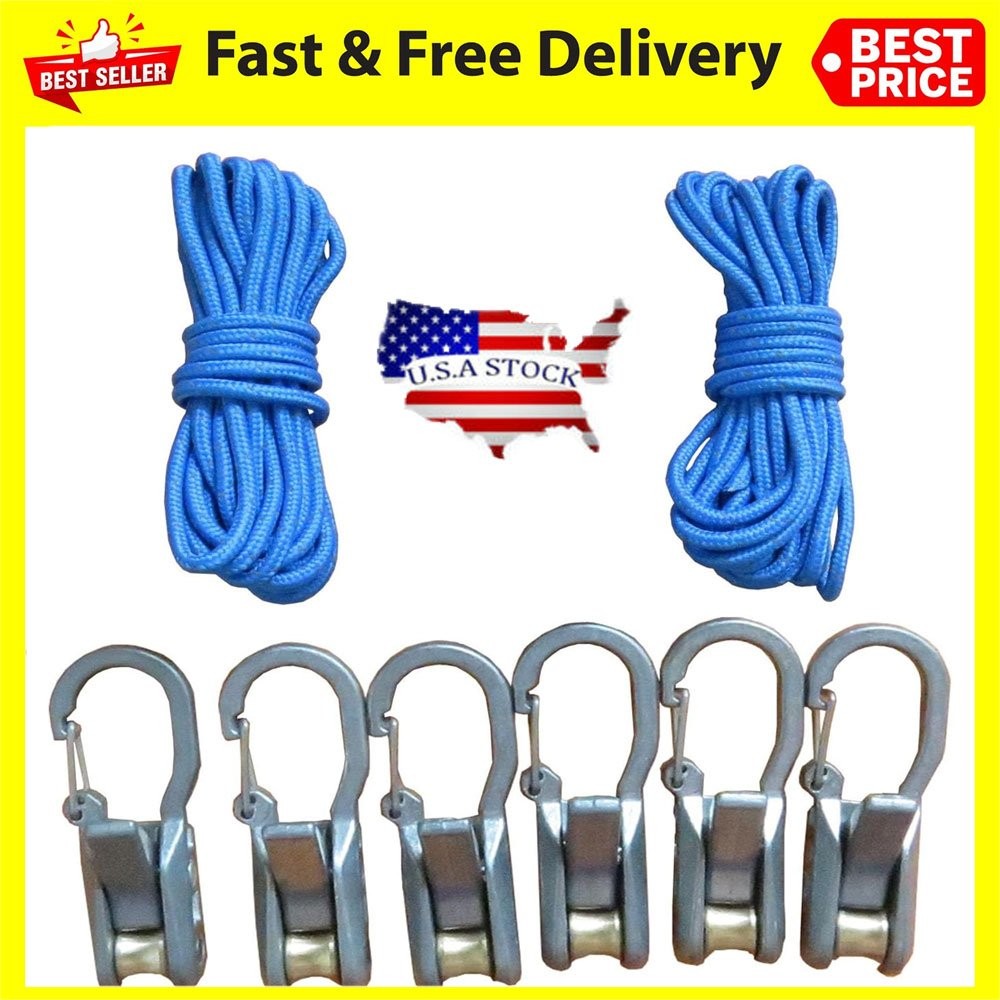 6 Hooks Rope with Roller Tensioner Lock Buckle Tie Down Rope Cargo Tightening US