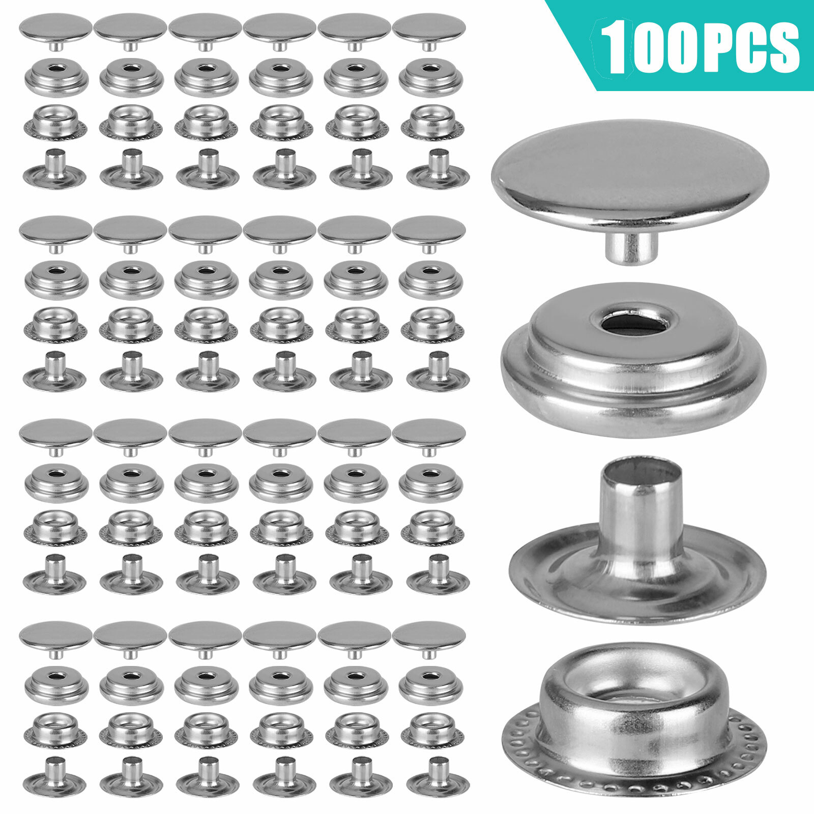 100Pcs Metal Heavy Duty Fastener Snap Press Stud Cap Button Base Kit Marine Boat