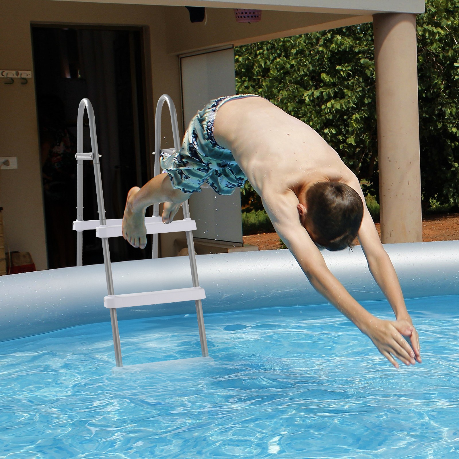 4-Step 52in Pool Ladder Iron Grey Frame + White Steps