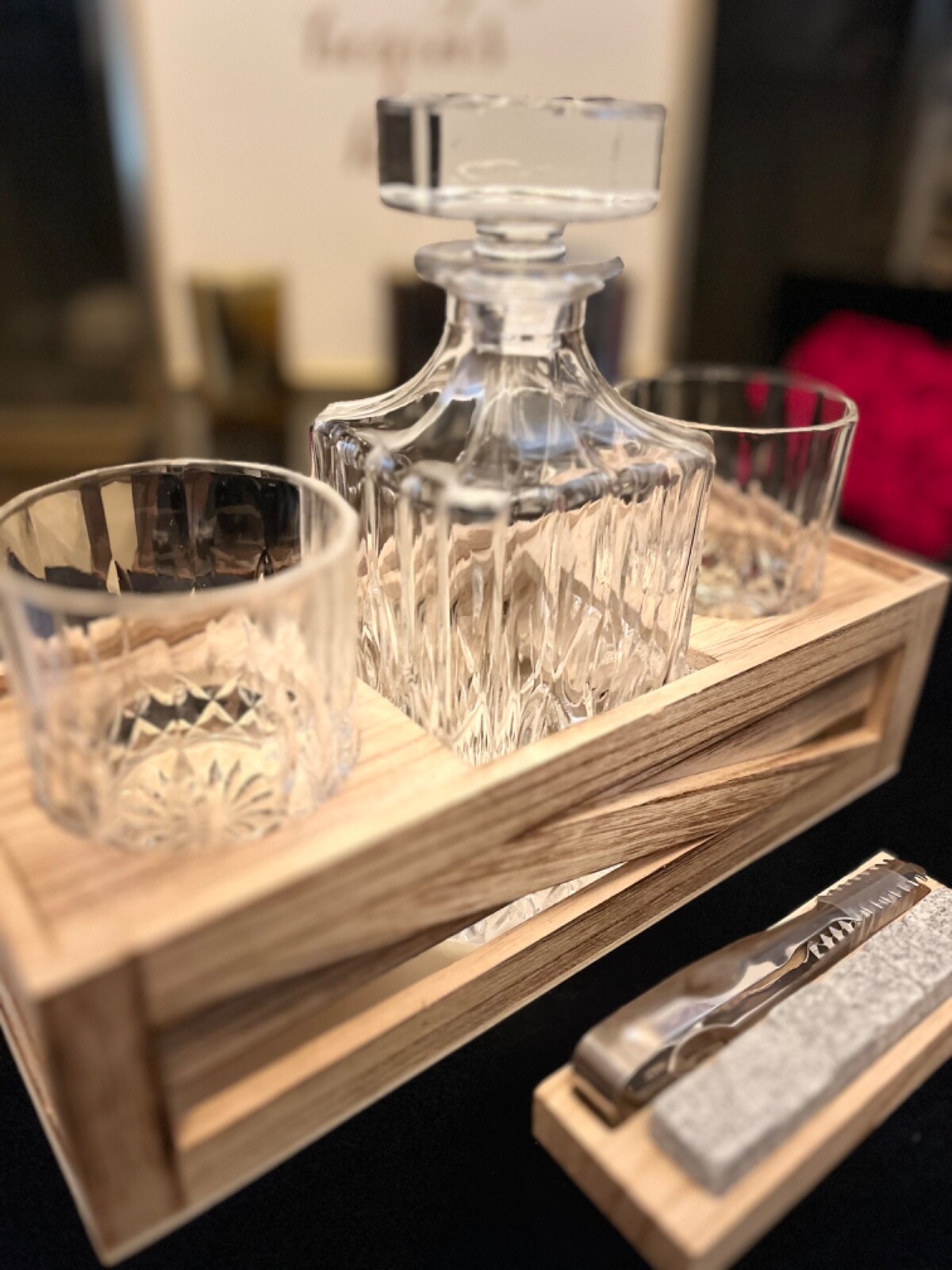 Whiskey Gift Set: Decanter, Wood Stand, Granite Chilling Stones & Two Glasses