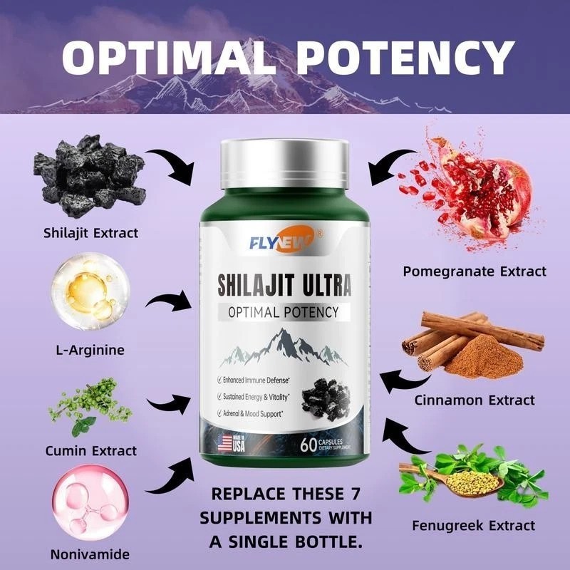 Flynew Optimal Potency Shilajit Ultra 60Capsules Made in USA with Essential Mine