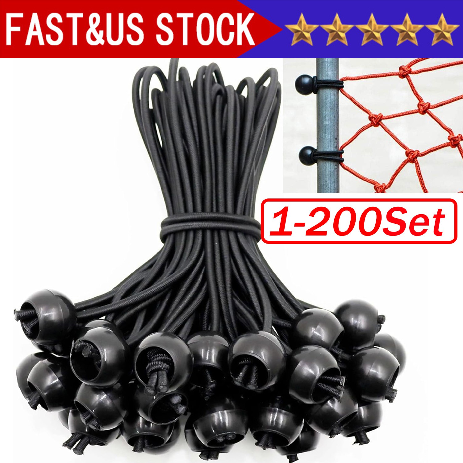 4" Inch Black Ball Bungee Bungie Cord Canopy Tarp Tie Downs Straps New Lot x2000