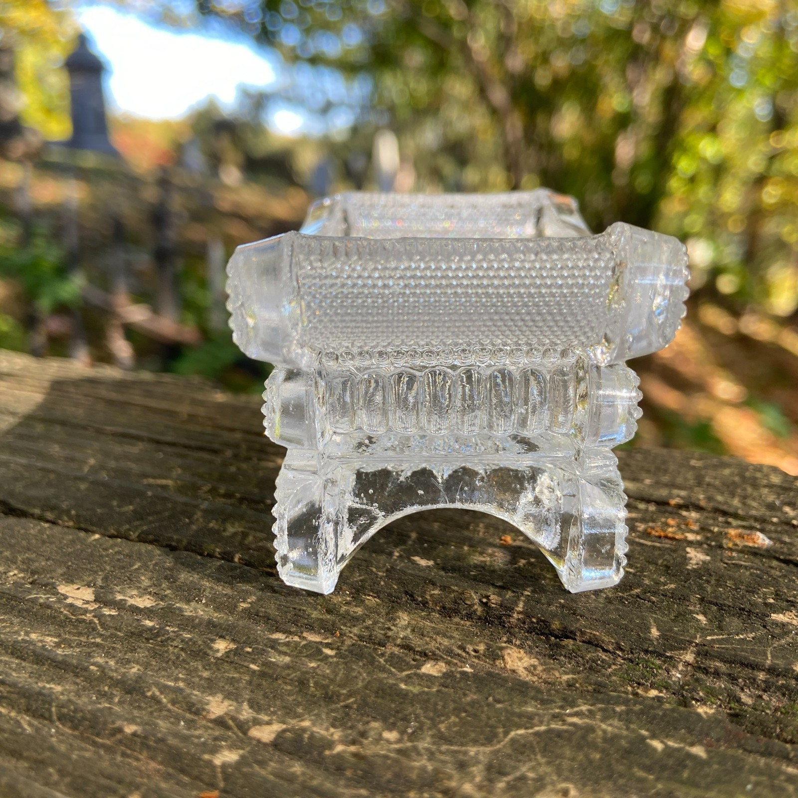 Antique 1830s Lacy Flint Glass Beaded Scroll + Basket of Flowers Open Salt BS-3A