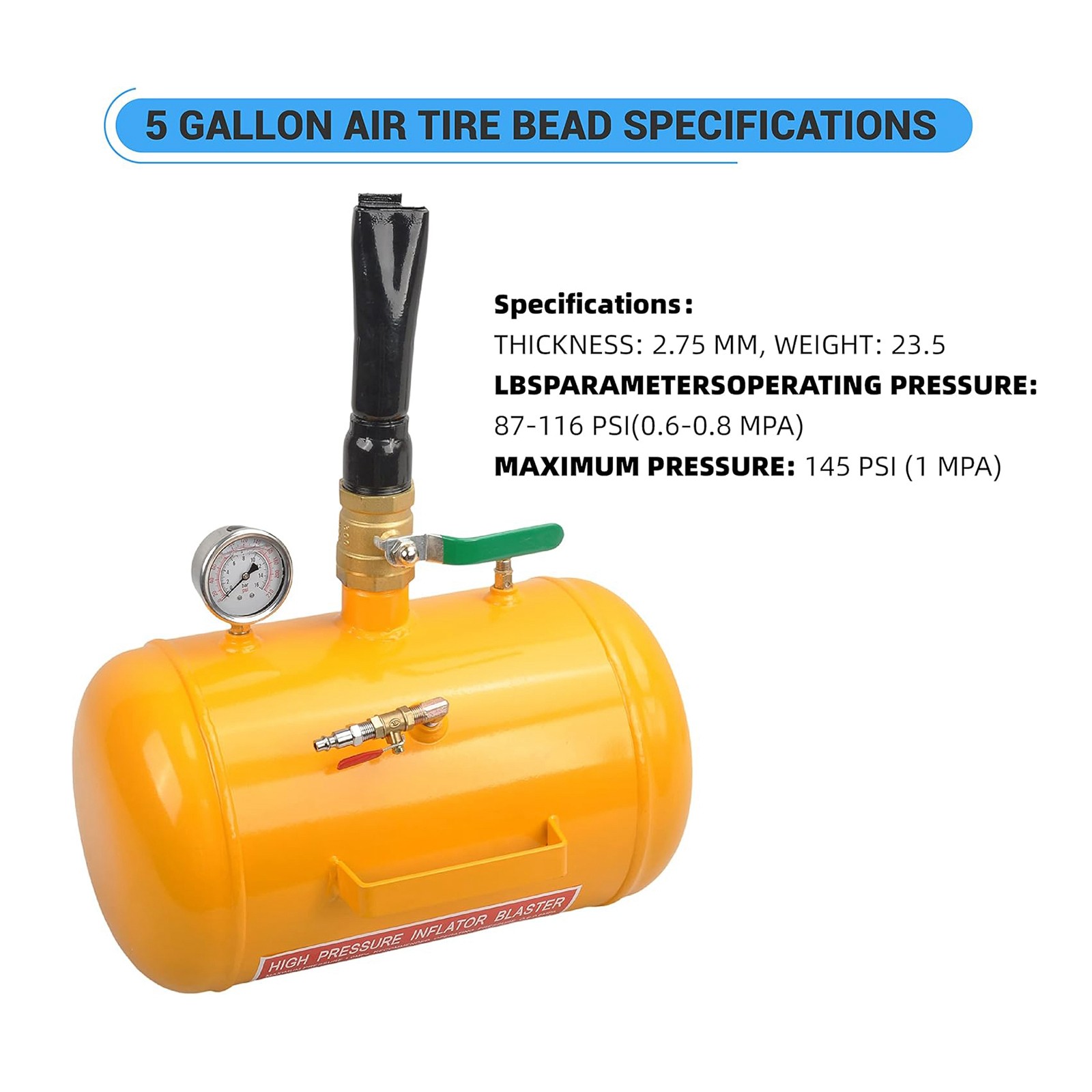 5 Gallon Air Tire Bead Seater 145PSI Blaster Tool Seating Inflator w/Gauge Gold