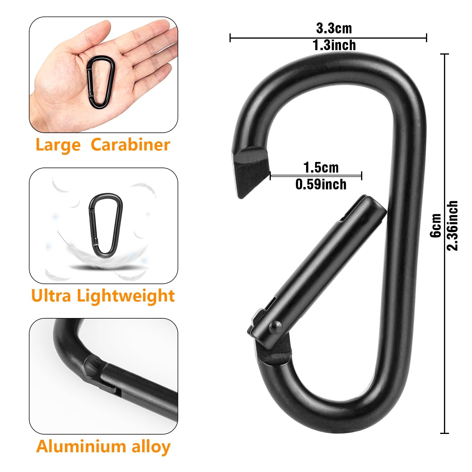 Aluminum Carabiner Clips - Set of 10,2.36in,Black Carabiner Clip,Key Clip,Co