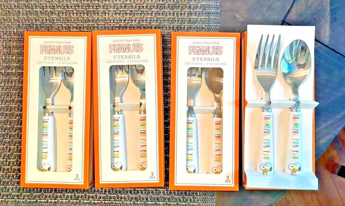 Pottery Barn Holiday Snoopy Disney School UTENSIL peanuts Thanksgiving SET 4 .