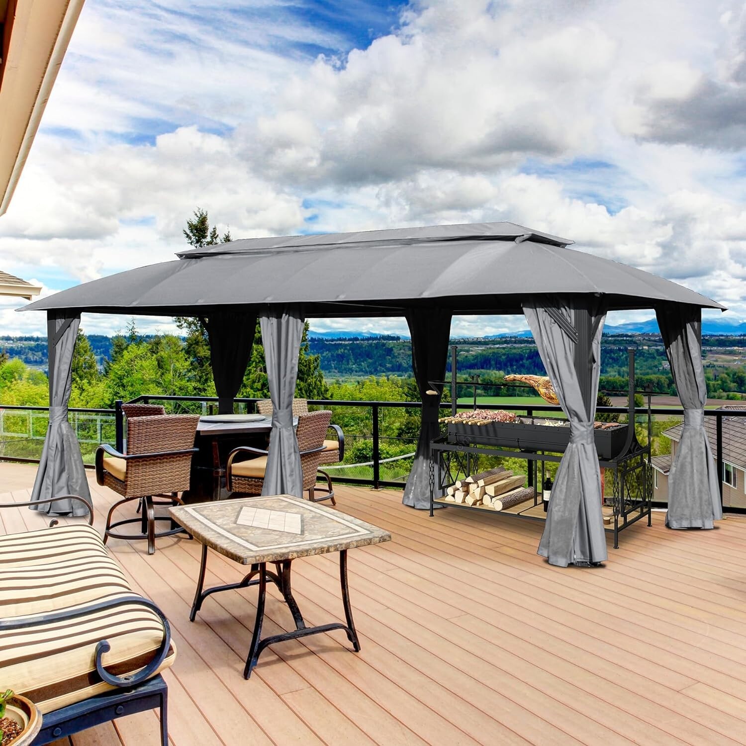 Domi Outdoor Double Roof Gazebo 10x20FT, w/Curtain&Nets, Heavy Duty Metal Frame