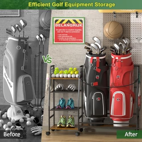 Golf Bag Storage Rack for Garage with Wheels, Organizer for Golf Bag and 2 bags