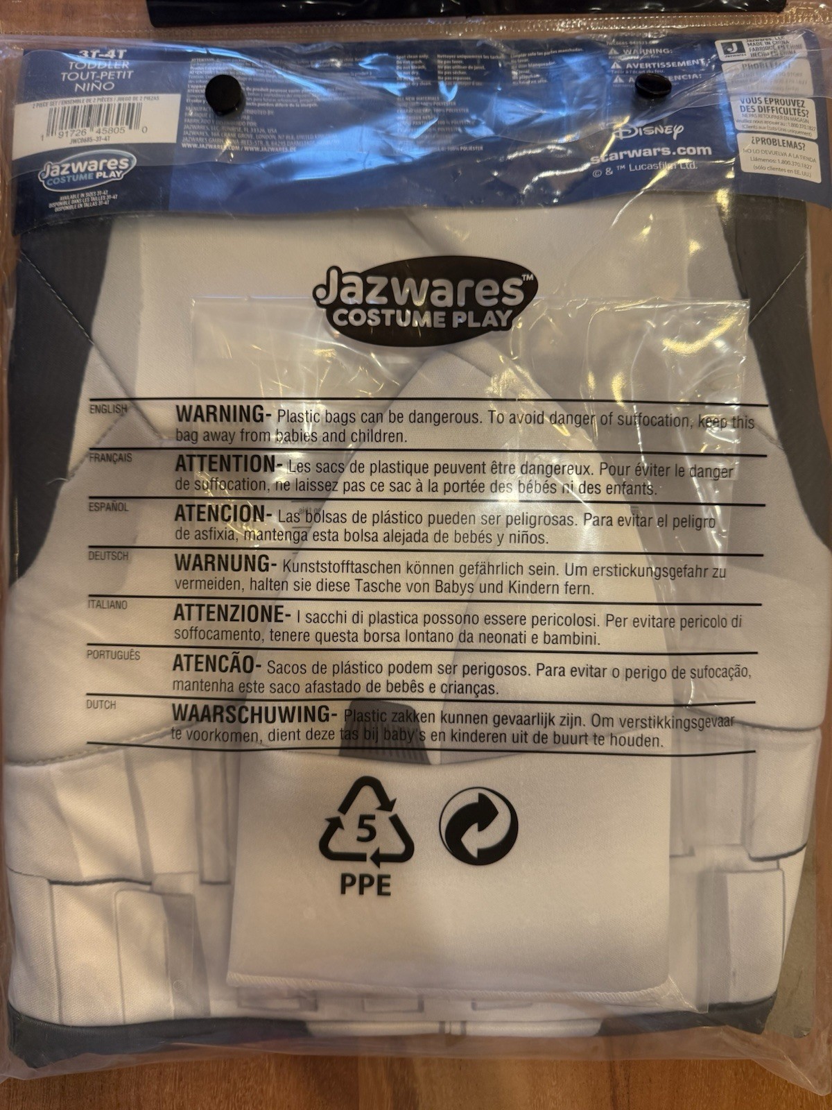 STAR WARS Stormtrooper Padded Jumpsuit Headpiece Costume Toddler 3T-4T *NEW*