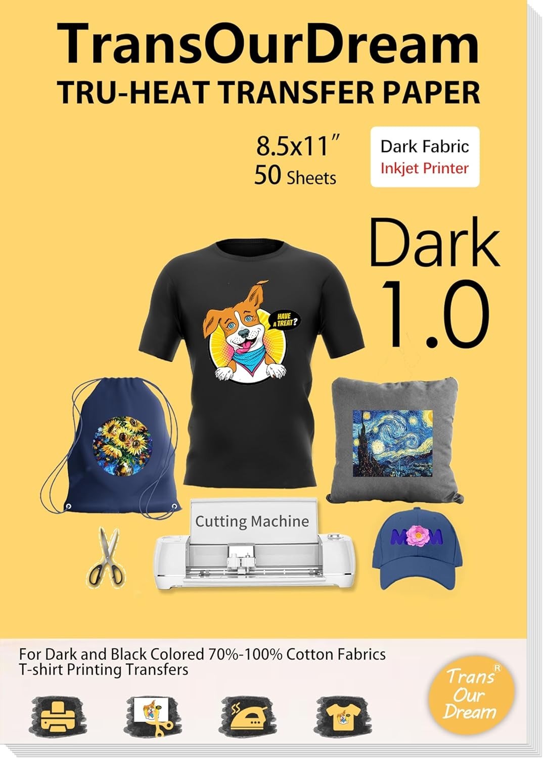 Vibrant & Durable Heat Transfer Paper 50 Sheets for Dark Cotton Fabrics - 8.5x11