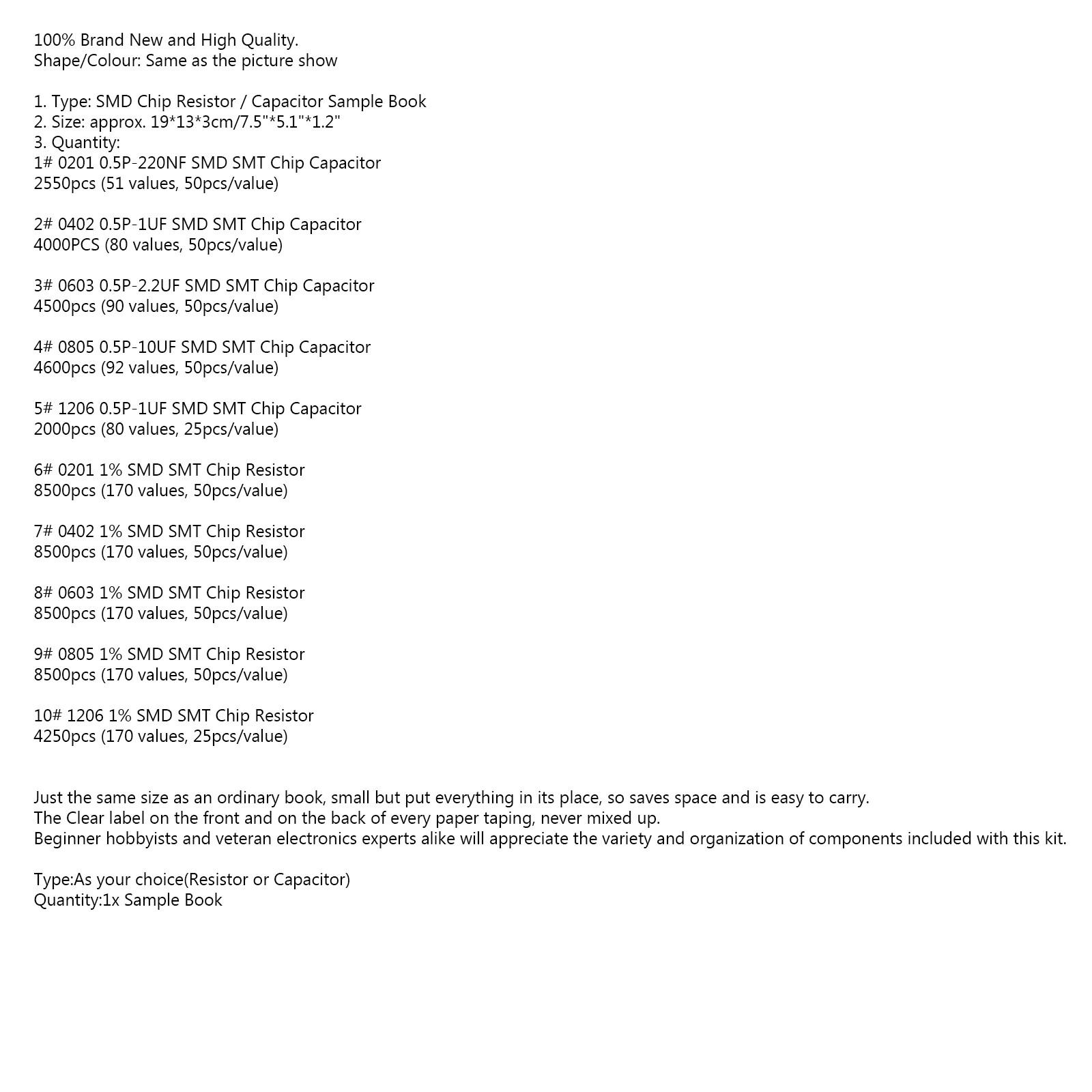 0201/0402/0603/0805/1206 SMD/SMT Capacitor Chip Resistor Samples Book Kit