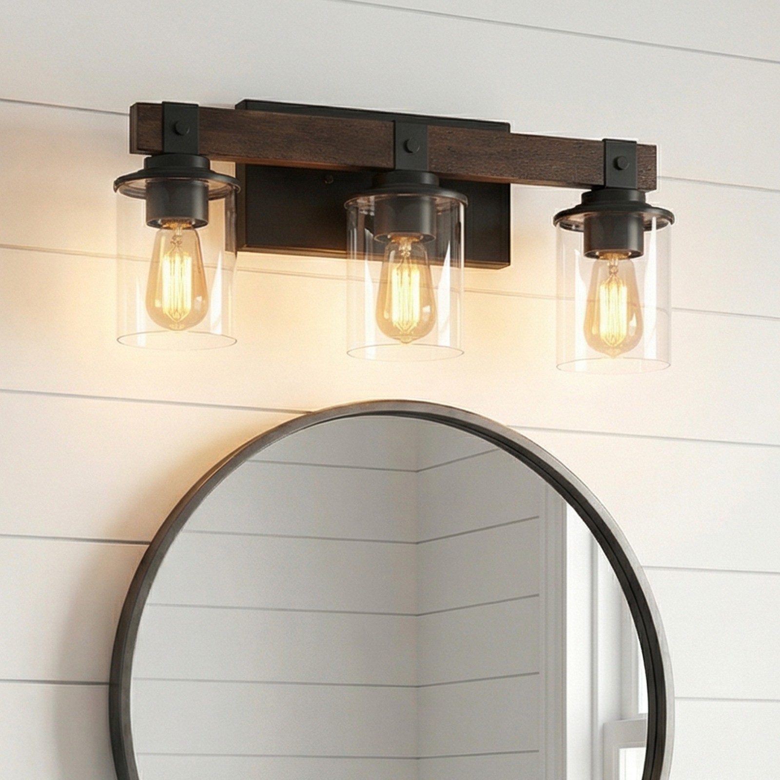 19" Vintage Vanity Light Bathroom Mirror Wall Lamp 3 Lights Rustic Wood Fixture