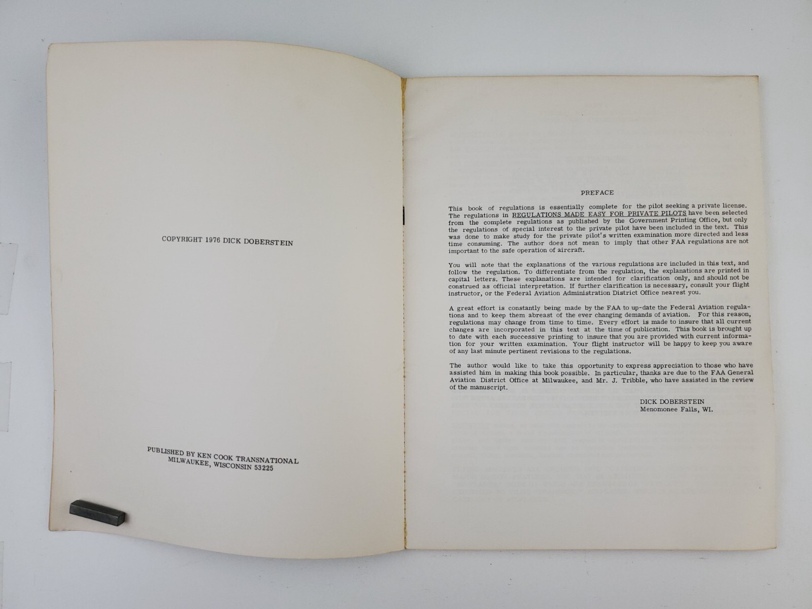 1976 Private Pilot Regulation Review Manual Vintage Aircraft Flying Doberstein