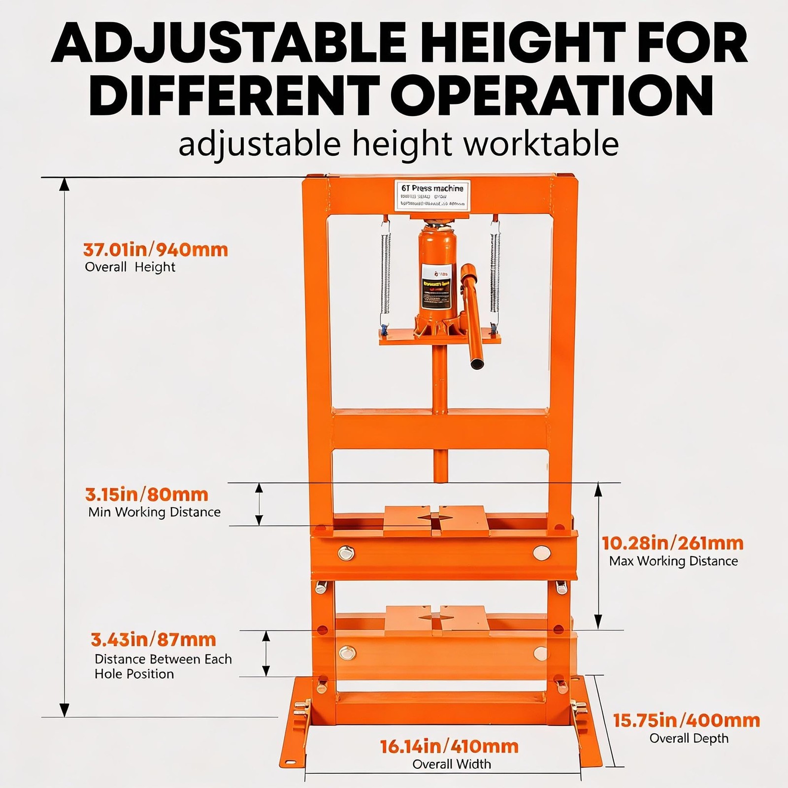 6/12/20 Ton Hydraulic Shop Press,H-Frame Press,Adjustable Height,Movable Plates