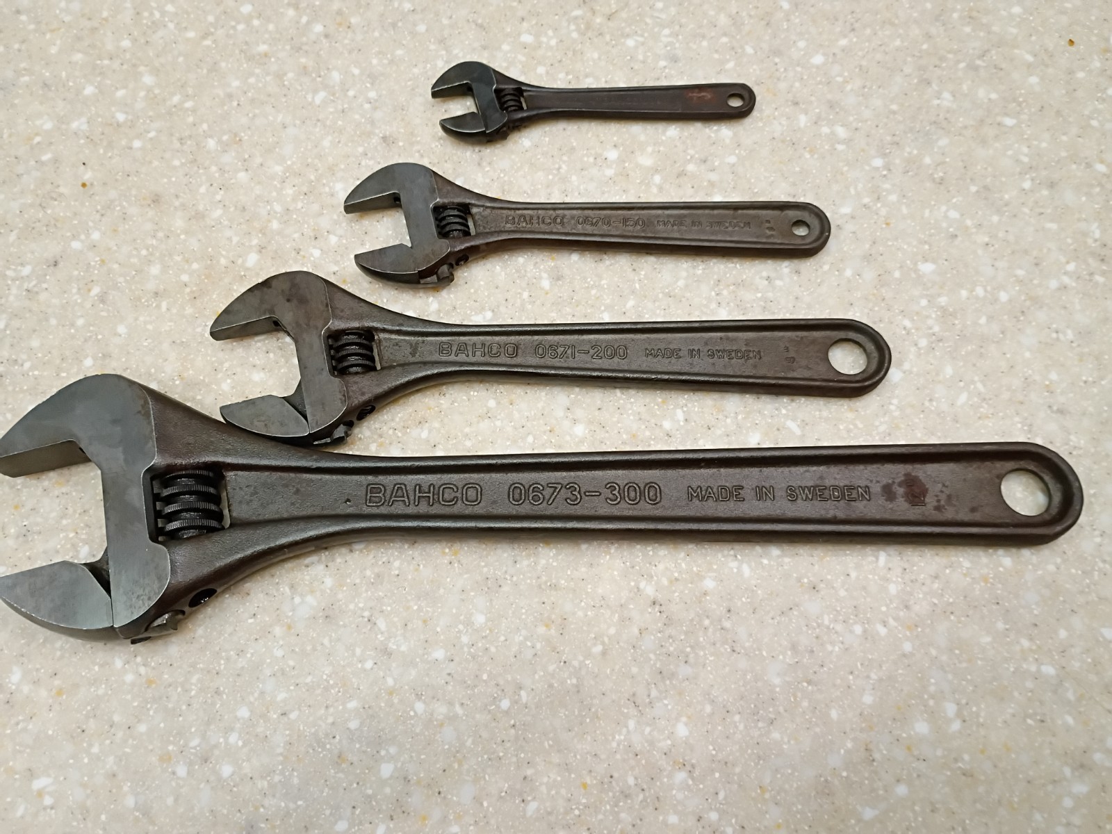 Vintage set of 4 Bahco Sweden Adjustable Wrenches spanner monkey 12" 8" 6" 4"