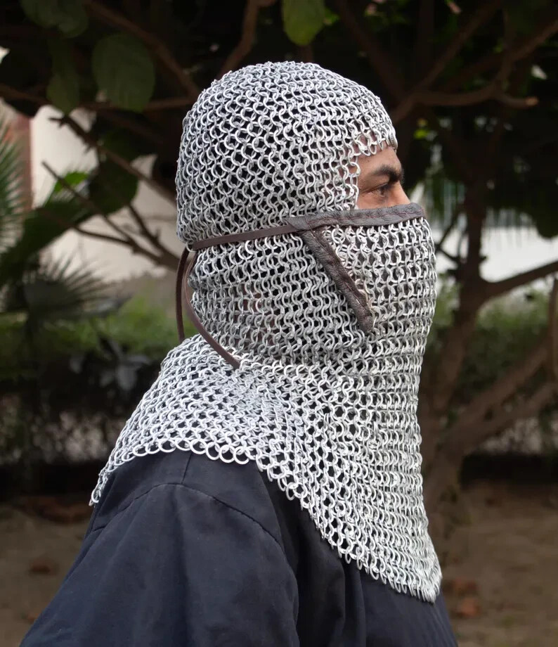 Chainmail Coif With Mask Leather Attached 10MM Flat Ring Riveted With Washer