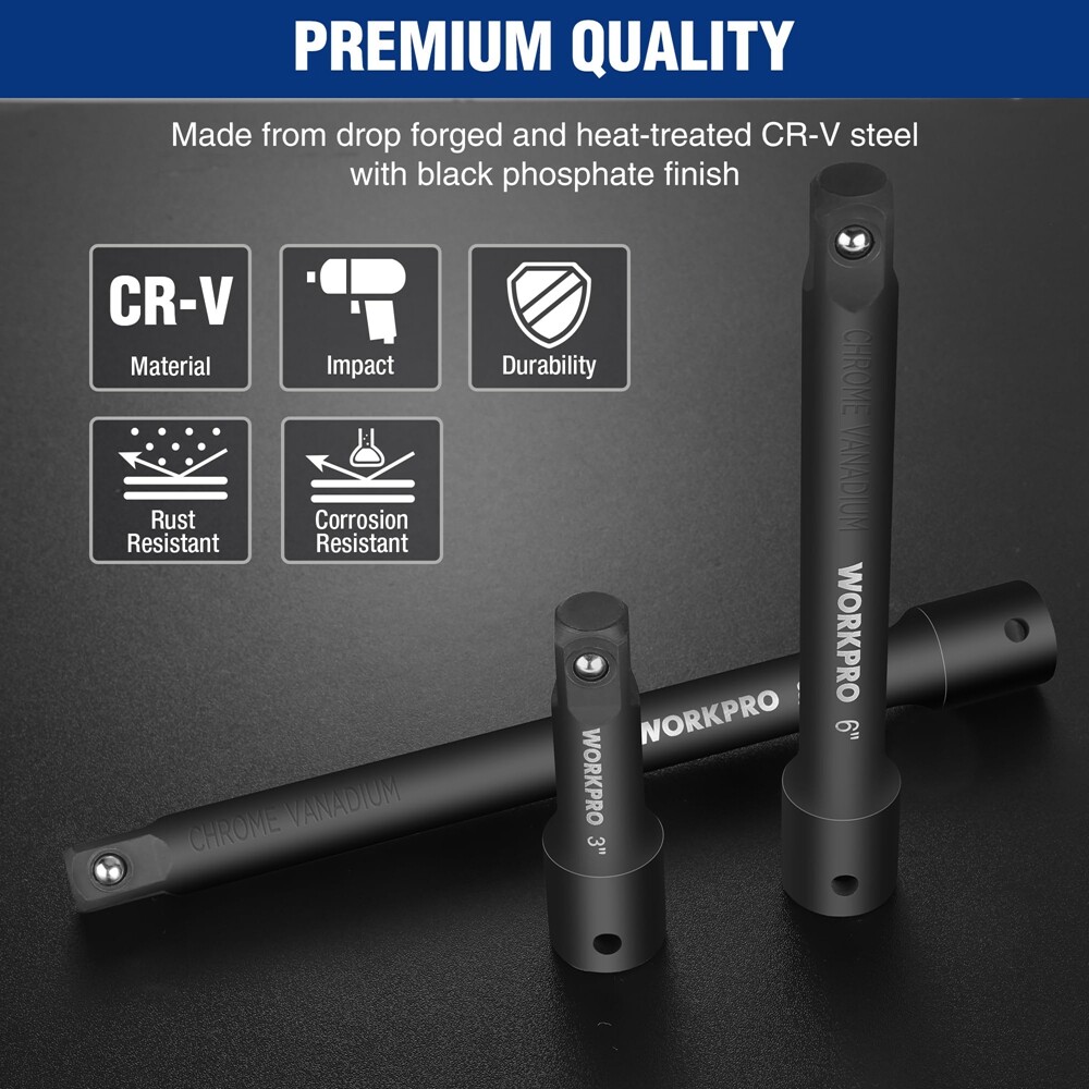 NEW 1/2inch Drive Impact Extension Bar Set 3PC Socket Extensions 3” 6” 8” w/Tray