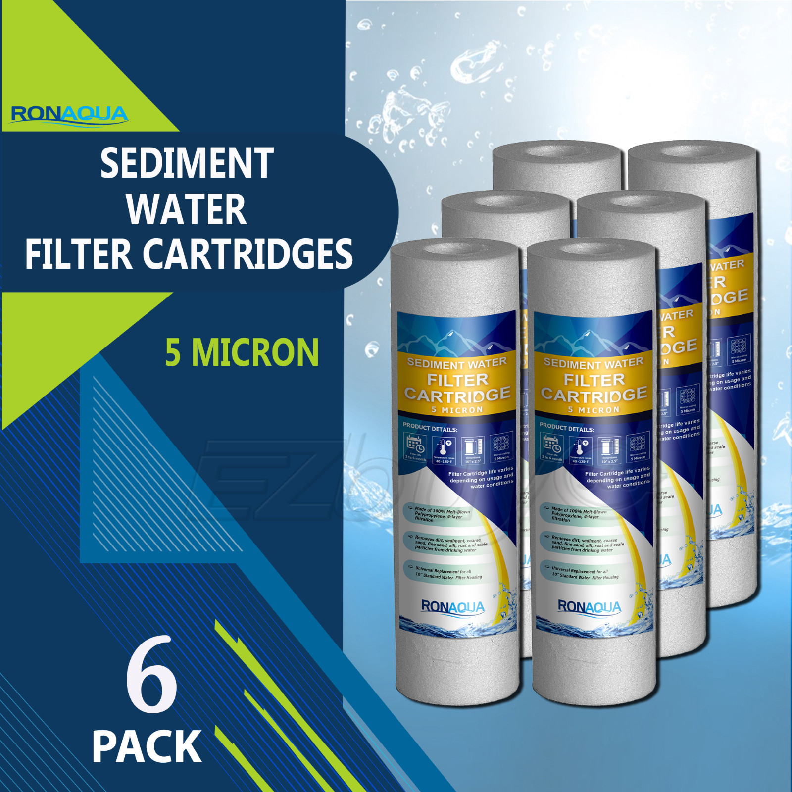 6 Pack Sediment 5 Micron Water Filter Cartridges 2.5" x 10" for Reverse Osmosis