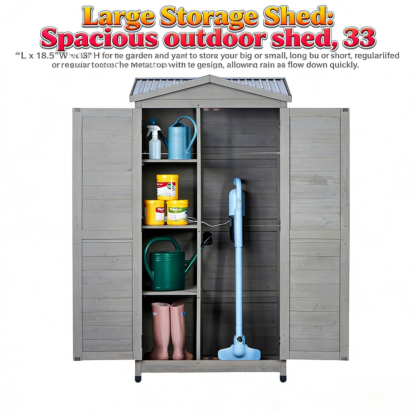 Outdoor Wooden Storage Shed W Metal Top Tall Vertical Tool Cabinet