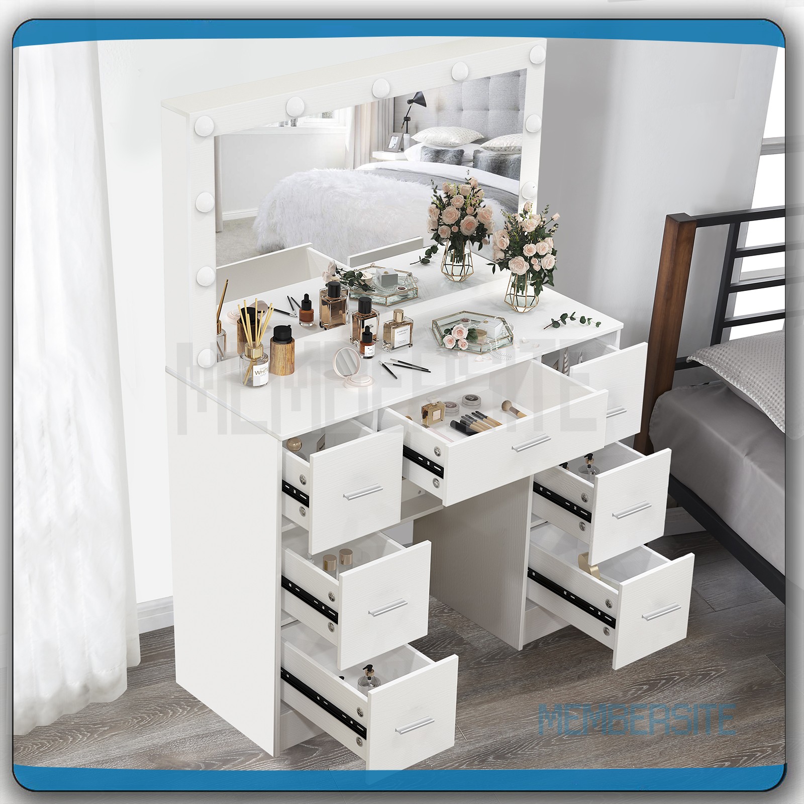 NEW Vanity Desk Makeup Table With Large LED Mirror And 7 Drawers Dressing Desk
