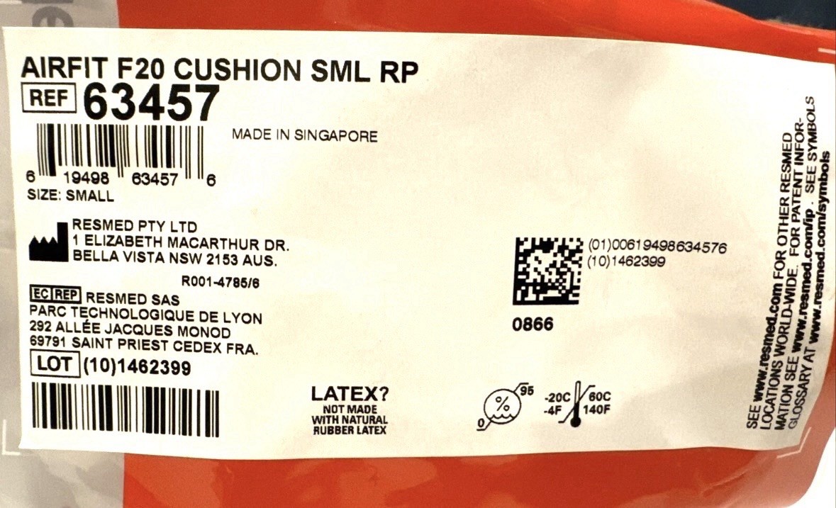 NEW SEALED ResMed AirFit F20 Cushion Small 63457